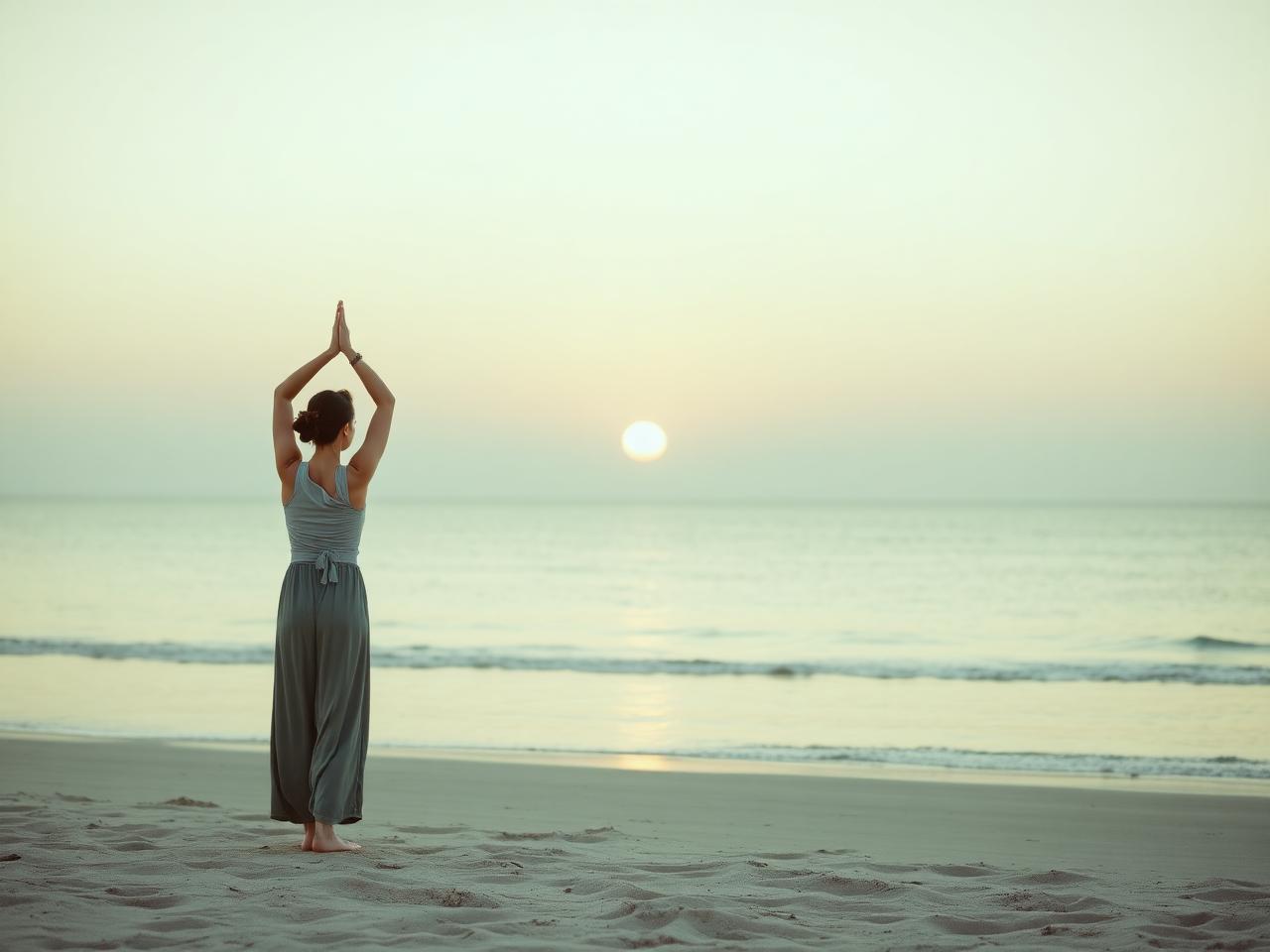 Woman practicing yoga at sunrise